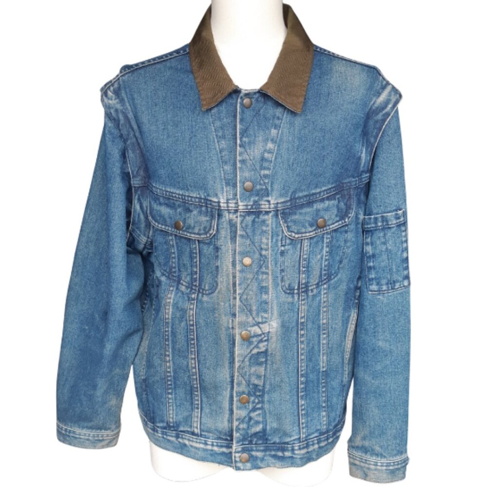 Vintage Dakota SZ L Men's Jean Jacket, Removeable Sleeves, Elbow Patches